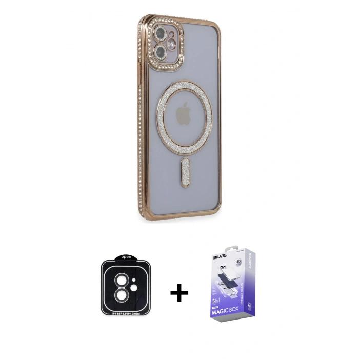 MARSİLYAN™- iPhone 11 Kılıf Zirve Doku Prime - Siyah Bilvis 5in1 5D Magic Hayalet Cam Ekran Koruyucu + PVD Metal Kamera Lens - SH