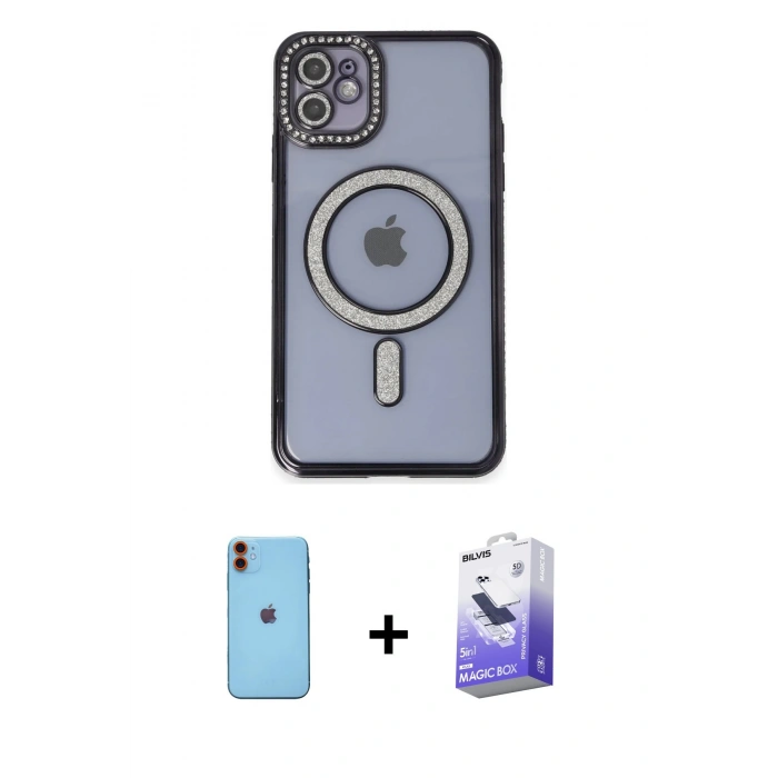 MARSİLYAN™- iPhone 11 Kılıf Zirve Doku Prime - Siyah Bilvis 5in1 5D Magic Hayalet Cam Ekran Koruyucu + Neon Fosforlu Kamera Lens - TU