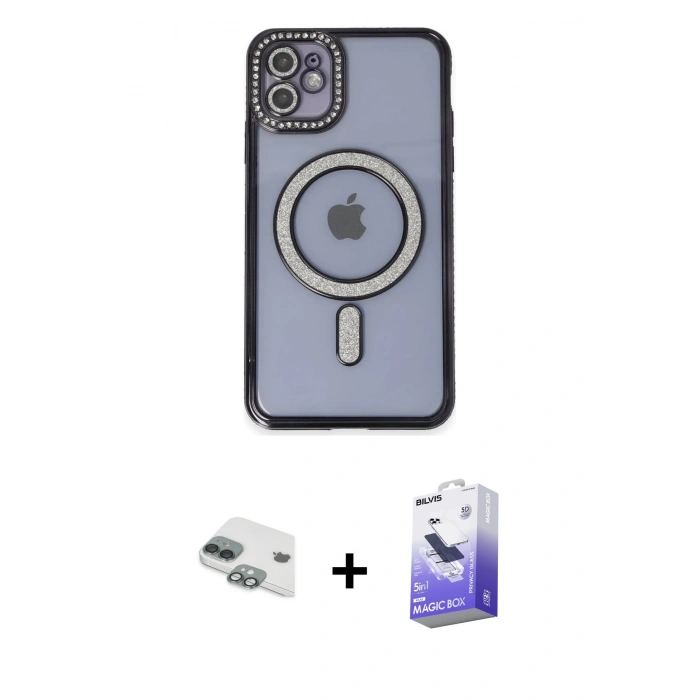 MARSİLYAN™- iPhone 11 Kılıf Zirve Doku Prime - Siyah Bilvis 5in1 5D Magic Hayalet Cam Ekran Koruyucu + Pers Alüminyum Kamera Lens - YL