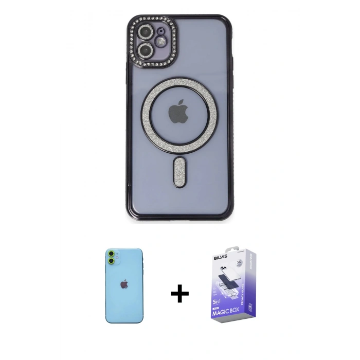 MARSİLYAN™- iPhone 11 Kılıf Zirve Doku Prime - Siyah Bilvis 5in1 5D Magic Hayalet Cam Ekran Koruyucu + Neon Fosforlu Kamera Lens - YL