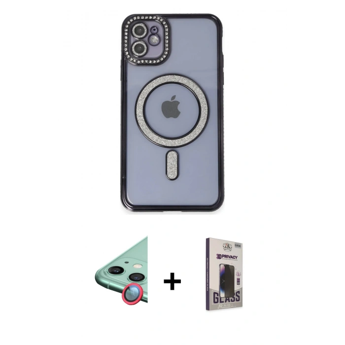 MARSİLYAN™- iPhone 11 Kılıf Zirve Doku Prime - Siyah Bilvis Hayalet Cam Ekran Koruyucu + Raze Metal Kamera Lens - KI