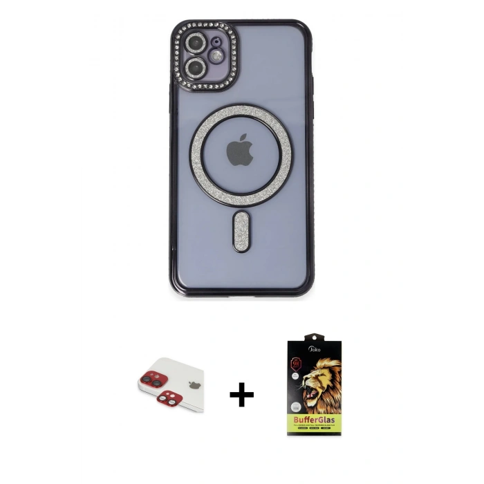 MARSİLYAN™- iPhone 11 Kılıf Zirve Doku Prime - Siyah Buffer Cam Ekran Koruyucu + Pers Alüminyum Kamera Lens - KI