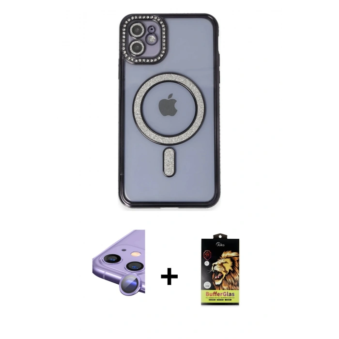 MARSİLYAN™- iPhone 11 Kılıf Zirve Doku Prime - Siyah Buffer Cam Ekran Koruyucu + Raze Metal Kamera Lens - MR