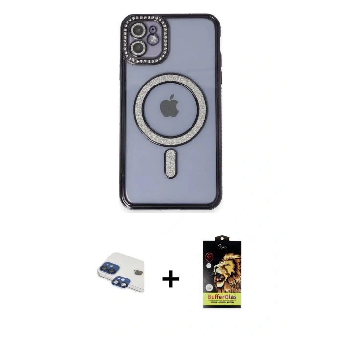 MARSİLYAN™- iPhone 11 Kılıf Zirve Doku Prime - Siyah Buffer Cam Ekran Koruyucu + Pers Alüminyum Kamera Lens - LT