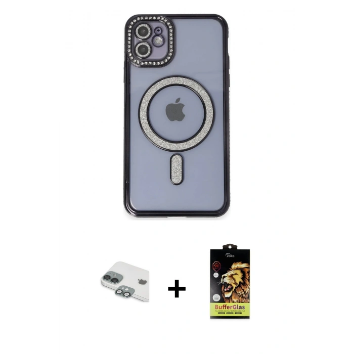 MARSİLYAN™- iPhone 11 Kılıf Zirve Doku Prime - Siyah Buffer Cam Ekran Koruyucu + Yeşil Pers Alüminyum Kamera Lens
