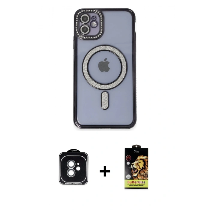 MARSİLYAN™- iPhone 11 Kılıf Zirve Doku Prime - Siyah Buffer Cam Ekran Koruyucu + PVD Metal Kamera Lens - YL