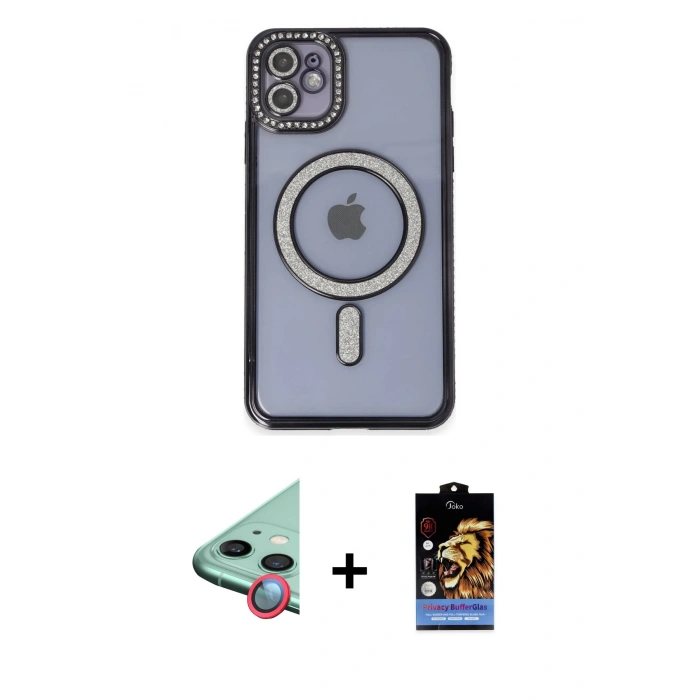 MARSİLYAN™- iPhone 11 Kılıf Zirve Doku Prime - Siyah Buffer Hayalet Cam Ekran Koruyucu + Raze Metal Kamera Lens - KI