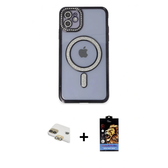 MARSİLYAN™- iPhone 11 Kılıf Zirve Doku Prime - Siyah Buffer Hayalet Cam Ekran Koruyucu + Pers Alüminyum Kamera Lens - GD