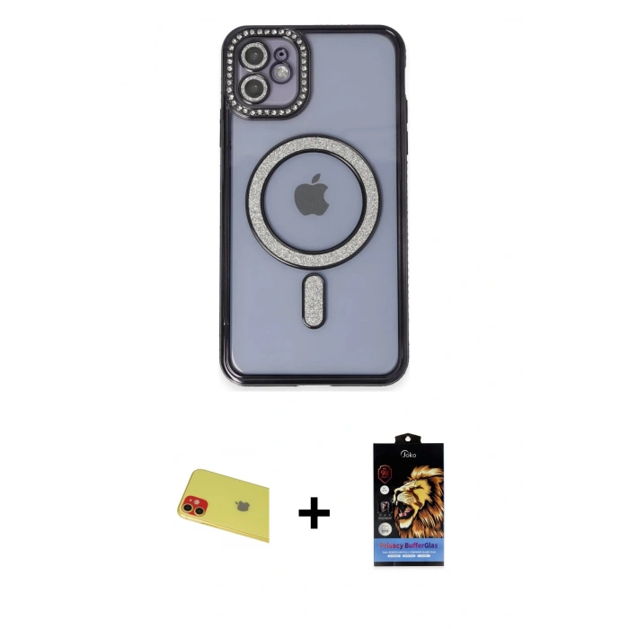 MARSİLYAN™- iPhone 11 Kılıf Zirve Doku Prime - Siyah Buffer Hayalet Cam Ekran Koruyucu + Rainbow Kamera Lens Koruma Cam - KI