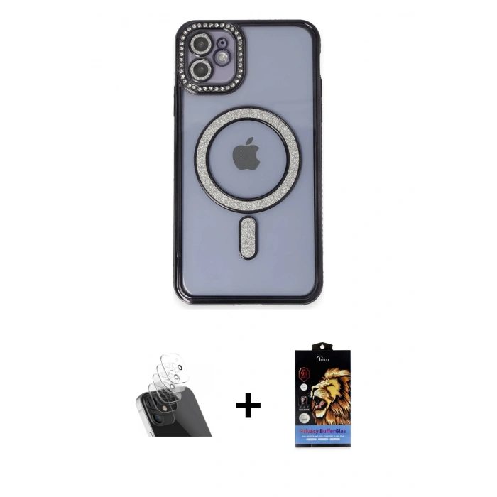 MARSİLYAN™- iPhone 11 Kılıf Zirve Doku Prime - Siyah Buffer Hayalet Cam Ekran Koruyucu + Şeffaf Kamera Lens Koruma Cam