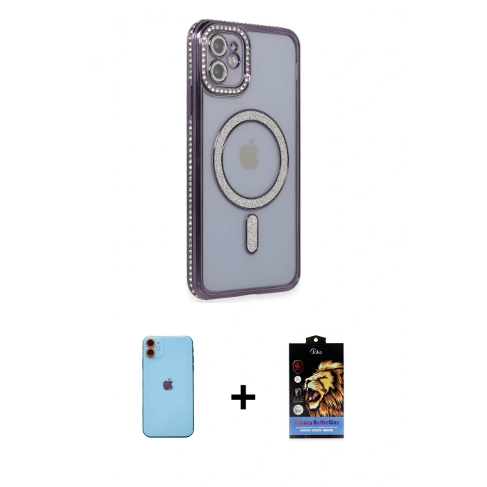 MARSİLYAN™- iPhone 11 Kılıf Zirve Doku Prime - Siyah Buffer Hayalet Cam Ekran Koruyucu + Neon Fosforlu Kamera Lens - TU