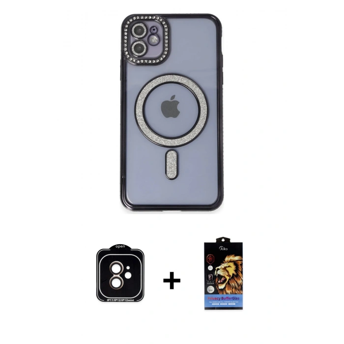 MARSİLYAN™- iPhone 11 Kılıf Zirve Doku Prime - Siyah Buffer Hayalet Cam Ekran Koruyucu + PVD Metal Kamera Lens - TU