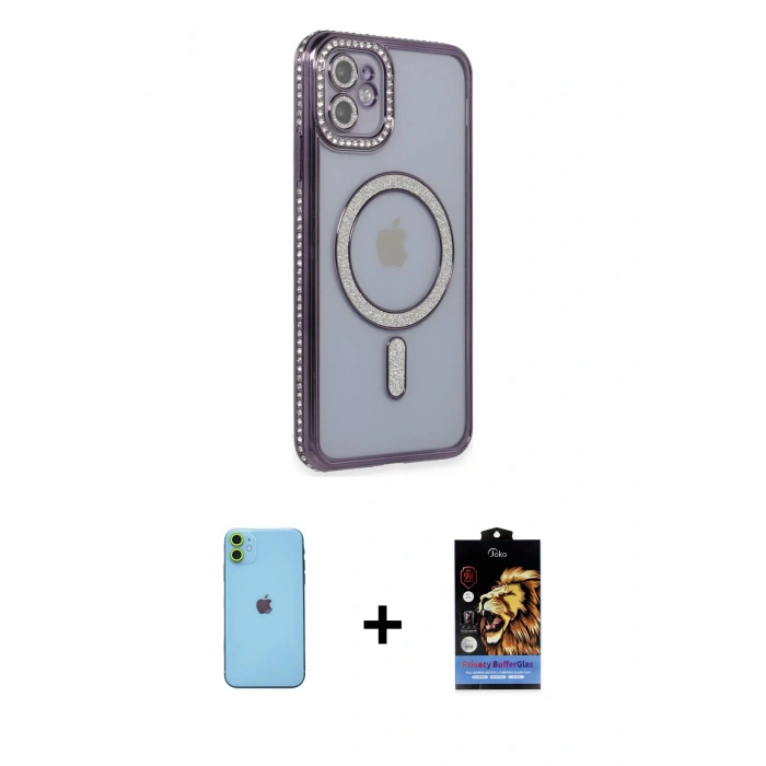 MARSİLYAN™- iPhone 11 Kılıf Zirve Doku Prime - Siyah Buffer Hayalet Cam Ekran Koruyucu + Neon Fosforlu Kamera Lens - YL