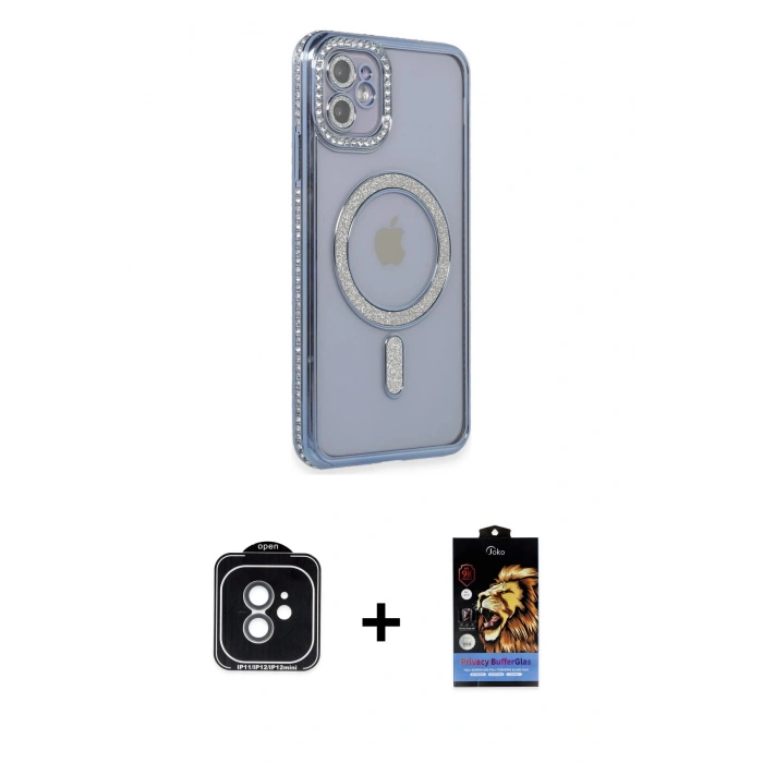 MARSİLYAN™- iPhone 11 Kılıf Zirve Doku Prime - Siyah Buffer Hayalet Cam Ekran Koruyucu + PVD Metal Kamera Lens - YL