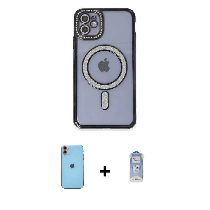 MARSİLYAN™- iPhone 11 Kılıf Zirve Doku Prime - Siyah Joko Magic 5D Cam + Neon Fosforlu Kamera Lens - TU