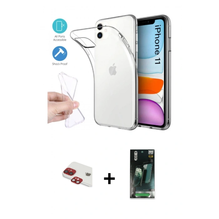 MARSİLYAN™- iPhone 11 Kılıf Zirve Doku - Şeffaf 360 Full Body Arka Koruyucu + Pers Alüminyum Kamera Lens - KI