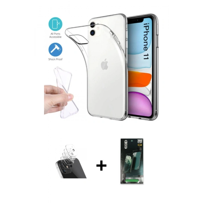 MARSİLYAN™- iPhone 11 Kılıf Zirve Doku - Şeffaf 360 Full Body Arka Koruyucu + Kamera Lens Koruma Cam - SF