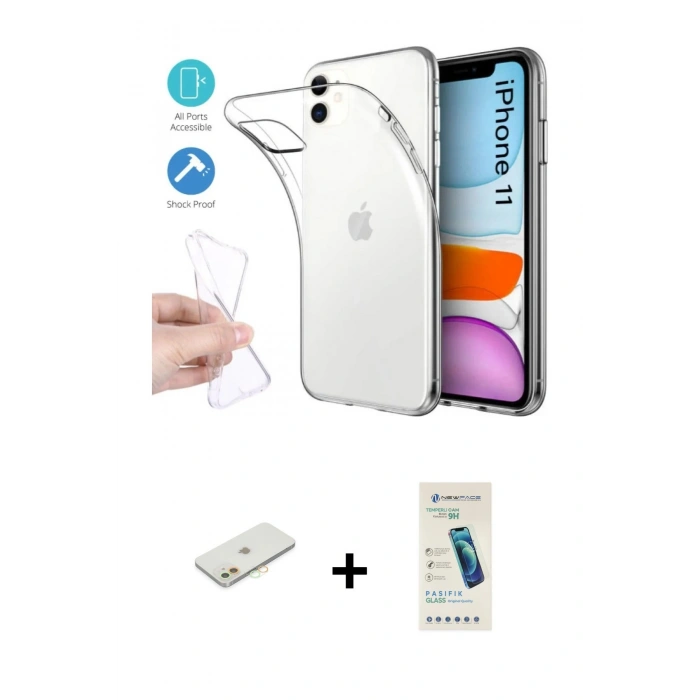 MARSİLYAN™- iPhone 11 Kılıf Zirve Doku - Şeffaf Pasifik Cam Ekran Koruyucu + Renkli Kamera Lens Koruma Cam - TU