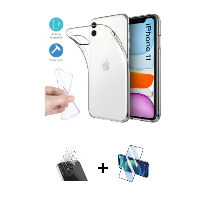 MARSİLYAN™- iPhone 11 Kılıf Zirve Doku - Siyah 3D Antistatik Cam Ekran Koruyucu + Kamera Lens Koruma Cam - SF