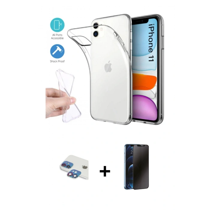 MARSİLYAN™- iPhone 11 Kılıf Zirve Doku - Siyah 3D Antistatik Hayalet Cam Ekran Koruyucu + Pers Alüminyum Kamera Lens - GI