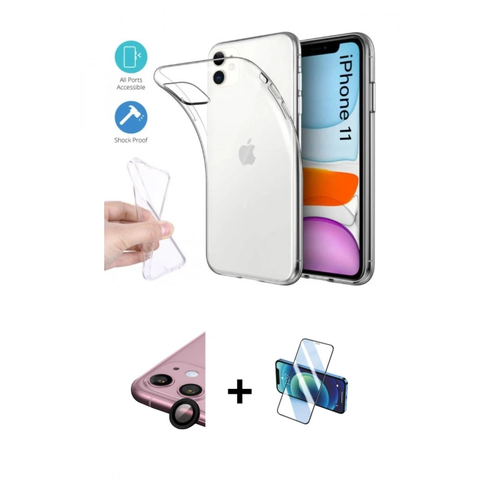 MARSİLYAN™- iPhone 11 Kılıf Zirve Doku - Siyah 3D Antistatik Seramik Nano Ekran Koruyucu + Raze Metal Kamera Lens - SH