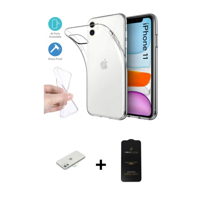 MARSİLYAN™- iPhone 11 Kılıf Zirve Doku - Siyah 6D Antistatik Mat Seramik Hayalet Nano Ekran Koruyucu + Renkli Kamera Lens Koruma Cam - SI
