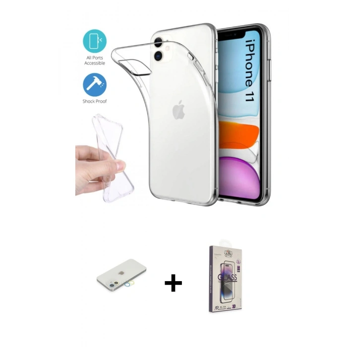 MARSİLYAN™- iPhone 11 Kılıf Zirve Doku - Siyah Bilvis 3D Cam Ekran Koruyucu + Renkli Kamera Lens Koruma Cam - SI