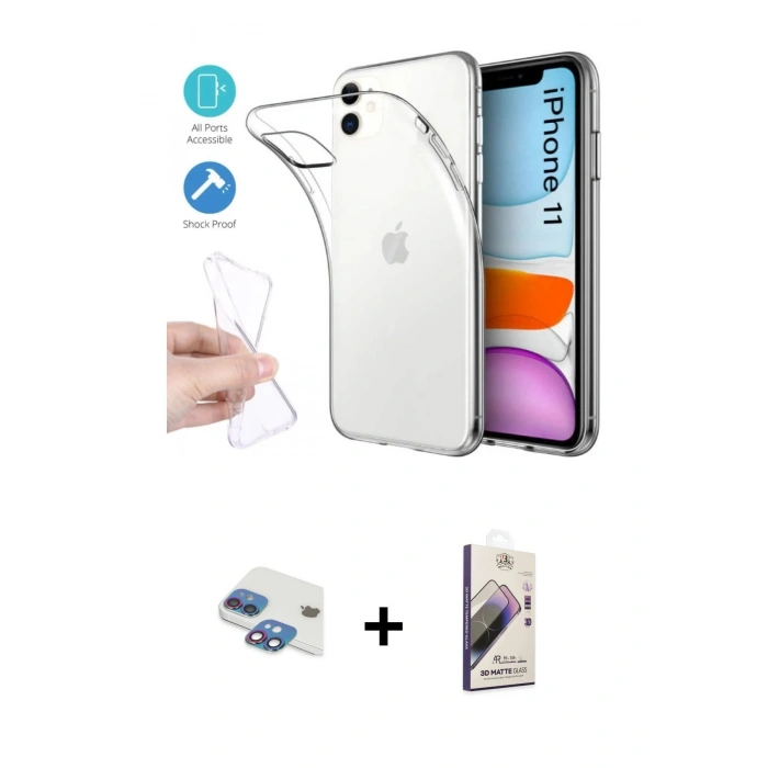 MARSİLYAN™- iPhone 11 Kılıf Zirve Doku - Siyah Bilvis 3D Mat Cam Ekran Koruyucu + Pers Alüminyum Kamera Lens - GI