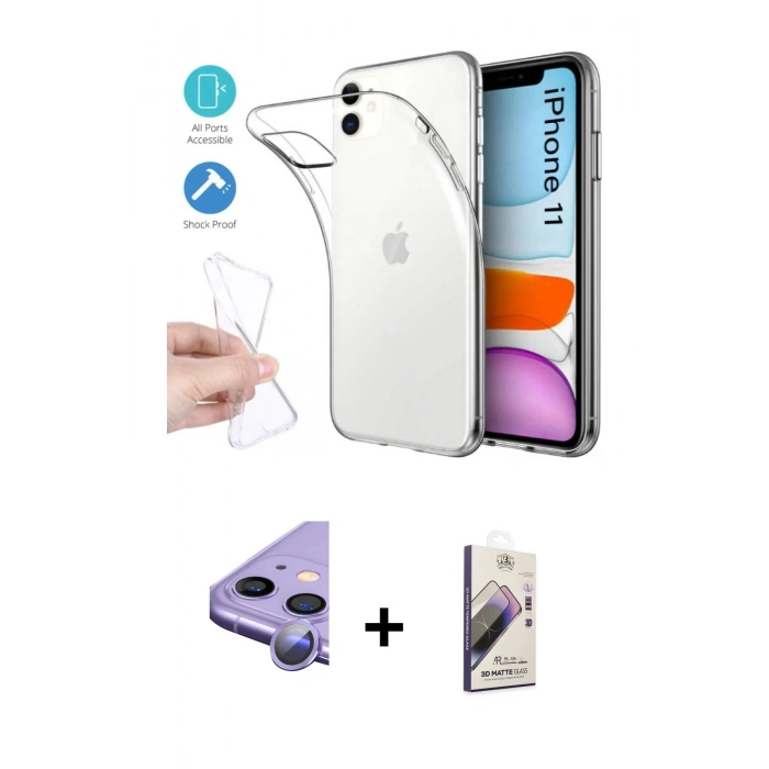 MARSİLYAN™- iPhone 11 Kılıf Zirve Doku - Siyah Bilvis 3D Mat Cam Ekran Koruyucu + Raze Metal Kamera Lens - MR