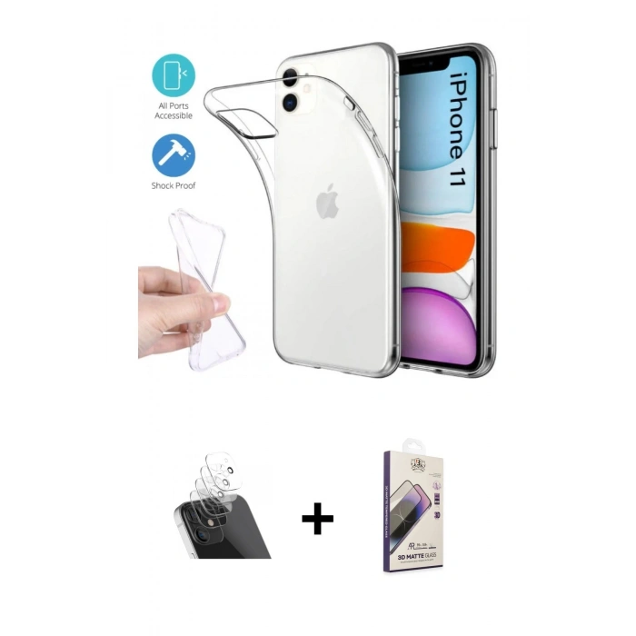 MARSİLYAN™- iPhone 11 Kılıf Zirve Doku - Siyah Bilvis 3D Mat Cam Ekran Koruyucu + Kamera Lens Koruma Cam - SF