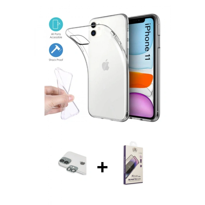MARSİLYAN™- iPhone 11 Kılıf Zirve Doku - Siyah Bilvis 3D Mat Cam Ekran Koruyucu + Pers Alüminyum Kamera Lens - YL