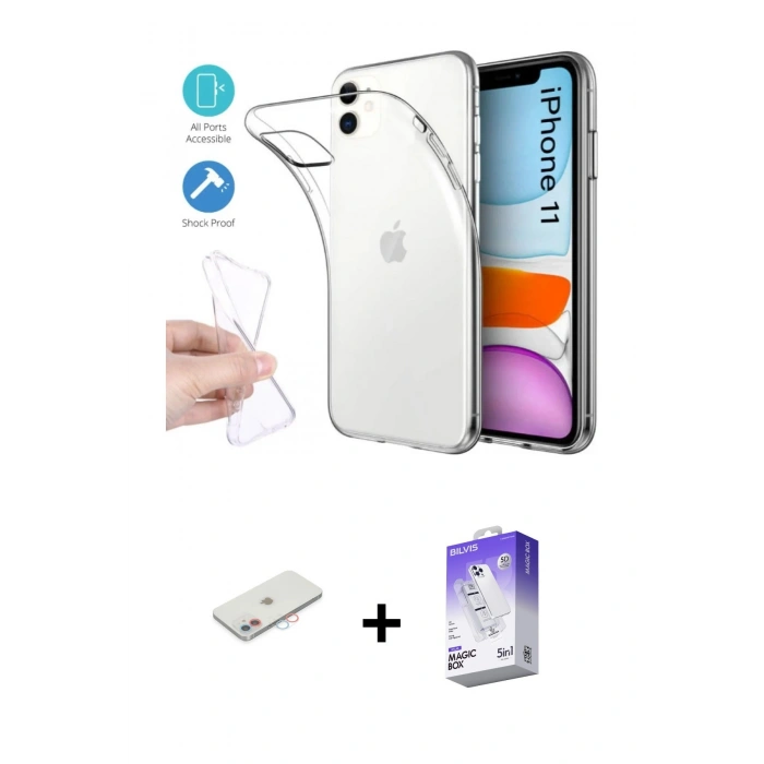 MARSİLYAN™- iPhone 11 Kılıf Zirve Doku - Siyah Bilvis 5in1 3D Magic Cam Ekran Koruyucu + Renkli Kamera Lens Koruma Cam - PE