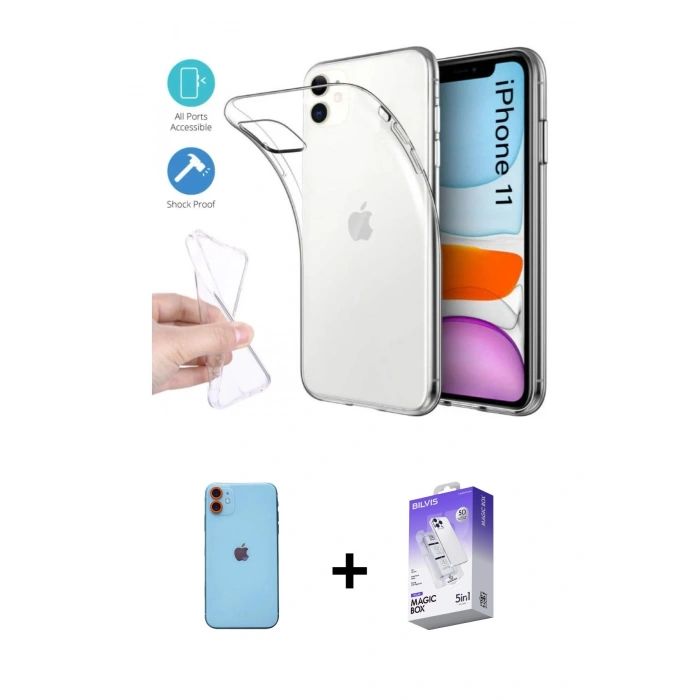 MARSİLYAN™- iPhone 11 Kılıf Zirve Doku - Siyah Bilvis 5in1 3D Magic Cam Ekran Koruyucu + Neon Fosforlu Kamera Lens - TU