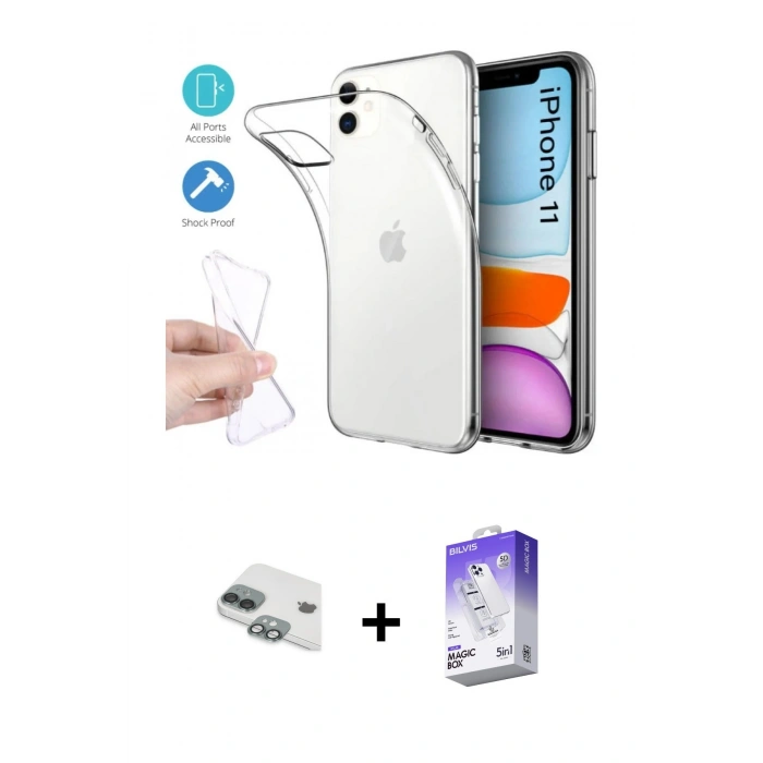 MARSİLYAN™- iPhone 11 Kılıf Zirve Doku - Siyah Bilvis 5in1 3D Magic Cam Ekran Koruyucu + Pers Alüminyum Kamera Lens - YL