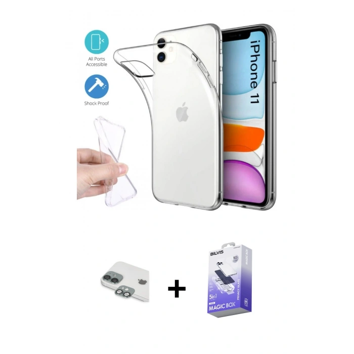 MARSİLYAN™- iPhone 11 Kılıf Zirve Doku - Siyah Bilvis 5in1 5D Magic Hayalet Cam Ekran Koruyucu + Pers Alüminyum Kamera Lens - YL