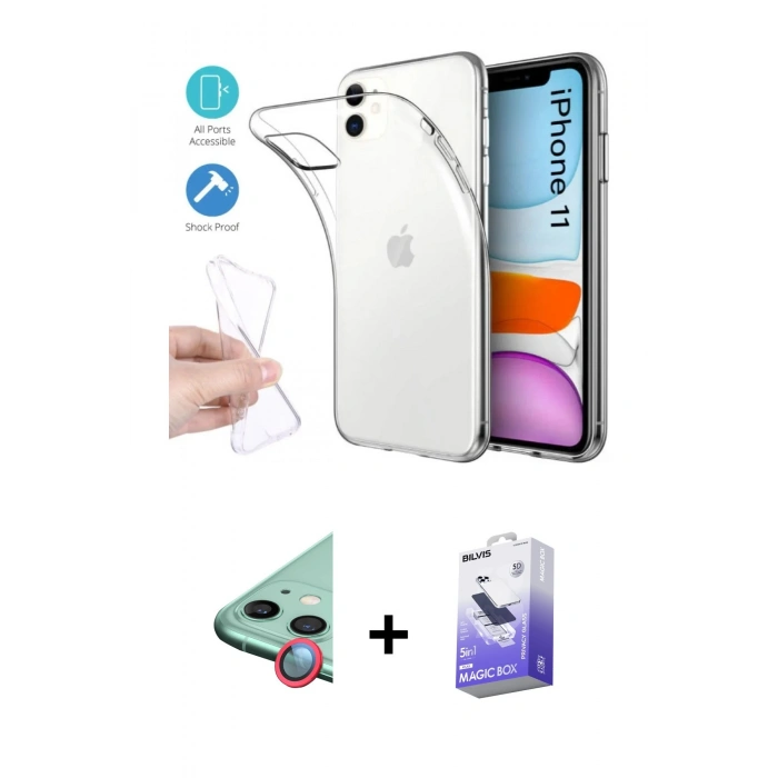 MARSİLYAN™- iPhone 11 Kılıf Zirve Doku - Siyah Bilvis 5in1 5D Magic Hayalet Cam Ekran Koruyucu + Raze Metal Kamera Lens - KI