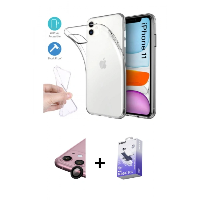 MARSİLYAN™- iPhone 11 Kılıf Zirve Doku - Siyah Bilvis 5in1 5D Magic Hayalet Cam Ekran Koruyucu + Raze Metal Kamera Lens - SH