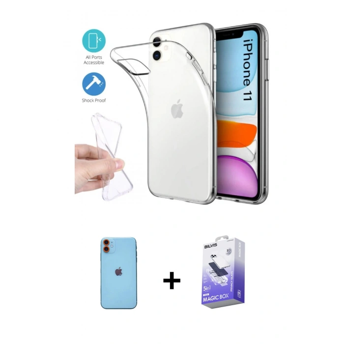 MARSİLYAN™- iPhone 11 Kılıf Zirve Doku - Siyah Bilvis 5in1 5D Magic Hayalet Cam Ekran Koruyucu + Neon Fosforlu Kamera Lens - TU