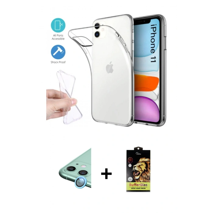 MARSİLYAN™- iPhone 11 Kılıf Zirve Doku - Siyah Buffer Cam Ekran Koruyucu + Raze Metal Kamera Lens - MI