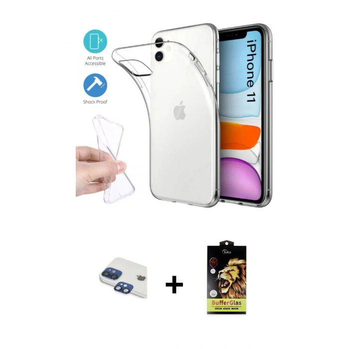 MARSİLYAN™- iPhone 11 Kılıf Zirve Doku - Siyah Buffer Cam Ekran Koruyucu + Pers Alüminyum Kamera Lens - LT
