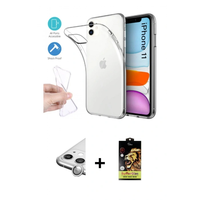 MARSİLYAN™- iPhone 11 Kılıf Zirve Doku - Siyah Buffer Cam Ekran Koruyucu + Raze Metal Kamera Lens - GS