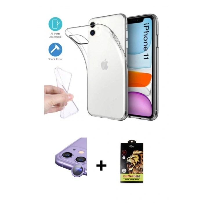 MARSİLYAN™- iPhone 11 Kılıf Zirve Doku - Siyah Buffer Cam Ekran Koruyucu + Raze Metal Kamera Lens - MR