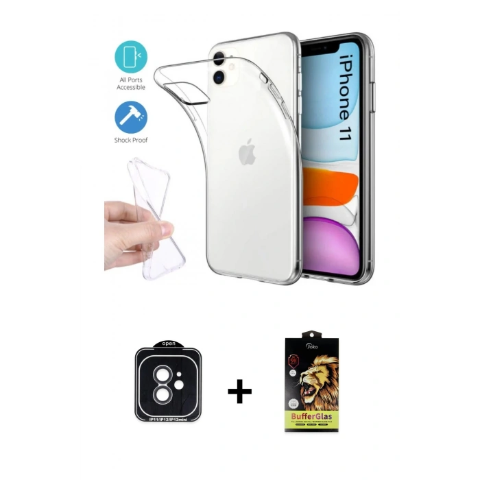 MARSİLYAN™- iPhone 11 Kılıf Zirve Doku - Siyah Buffer Cam Ekran Koruyucu + PVD Metal Kamera Lens - SH