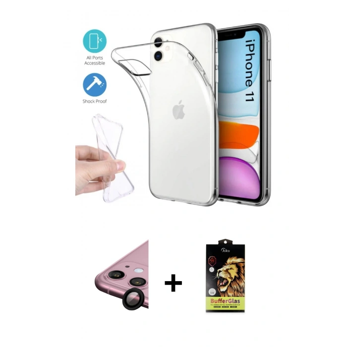 MARSİLYAN™- iPhone 11 Kılıf Zirve Doku - Siyah Buffer Cam Ekran Koruyucu + Raze Metal Kamera Lens - SH