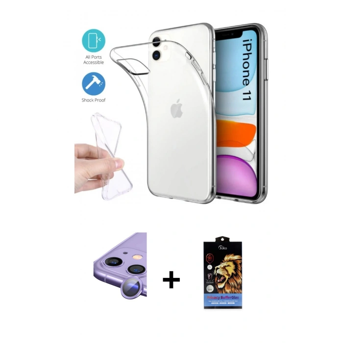 MARSİLYAN™- iPhone 11 Kılıf Zirve Doku - Siyah Buffer Hayalet Cam Ekran Koruyucu + Raze Metal Kamera Lens - MR