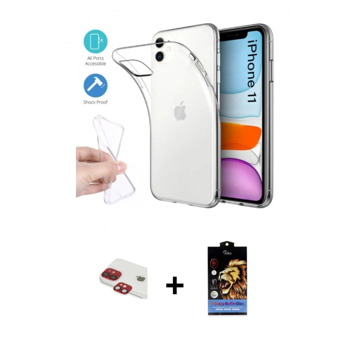 MARSİLYAN™- iPhone 11 Kılıf Zirve Doku - Siyah Buffer Hayalet Cam Ekran Koruyucu + Pers Alüminyum Kamera Lens - KI