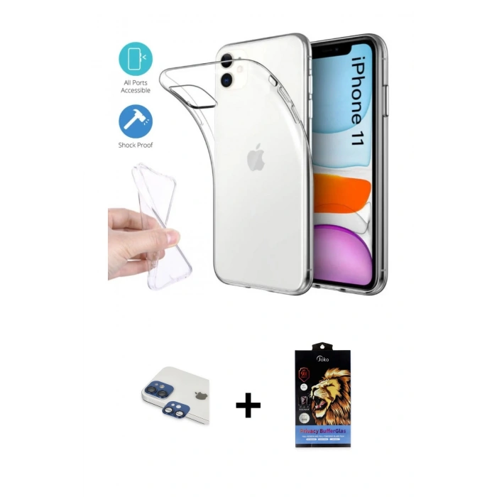 MARSİLYAN™- iPhone 11 Kılıf Zirve Doku - Siyah Buffer Hayalet Cam Ekran Koruyucu + Pers Alüminyum Kamera Lens - LT