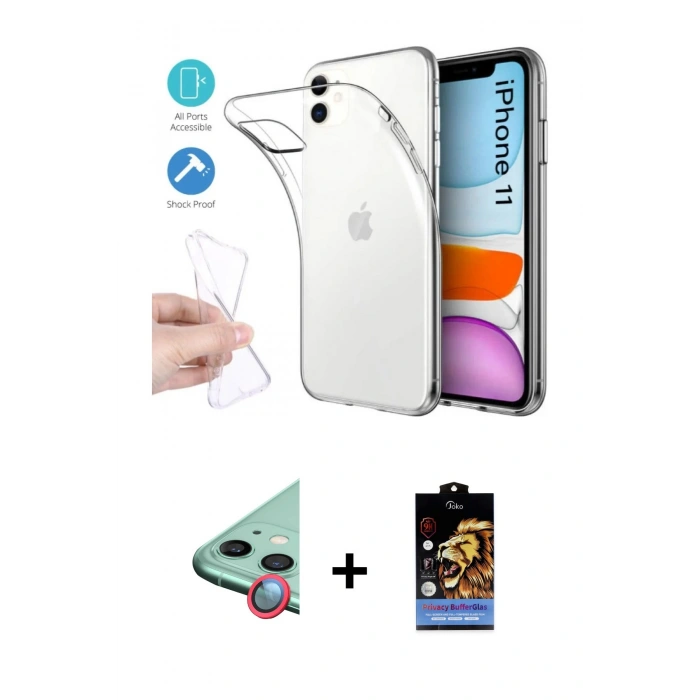 MARSİLYAN™- iPhone 11 Kılıf Zirve Doku - Siyah Buffer Hayalet Cam Ekran Koruyucu + Raze Metal Kamera Lens - KI