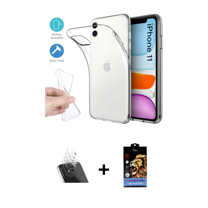 MARSİLYAN™- iPhone 11 Kılıf Zirve Doku - Siyah Buffer Hayalet Cam Ekran Koruyucu + Kamera Lens Koruma Cam - SF