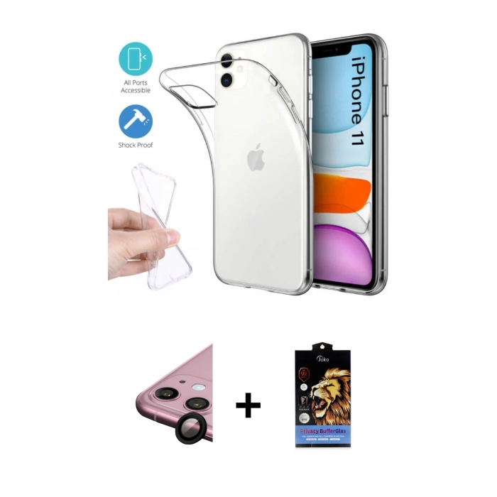 MARSİLYAN™- iPhone 11 Kılıf Zirve Doku - Siyah Buffer Hayalet Cam Ekran Koruyucu + Raze Metal Kamera Lens - SH